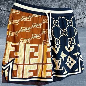 •NWT• SECRET CLUB OVERSIZED MONOGRAM
MESH SHORTS Large Gold/Brown • NEW